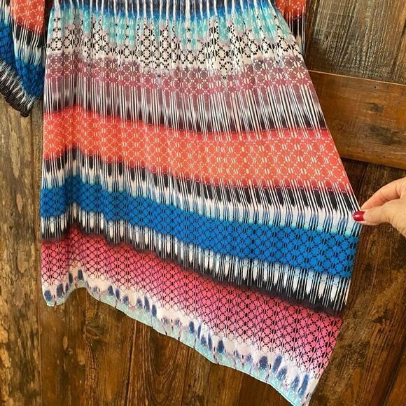 Sharagano M Blue Orange Smocked Stretch Wide Stripe Long Sleeve Dress - Picture 7 of 11